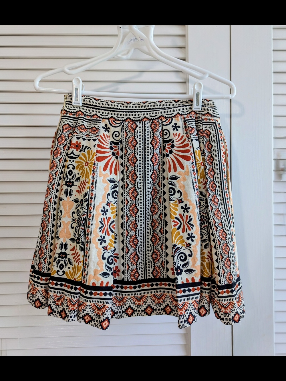 Avec Les Filles Linen Blend Boho Print Pleated Mini Skirt Size 0